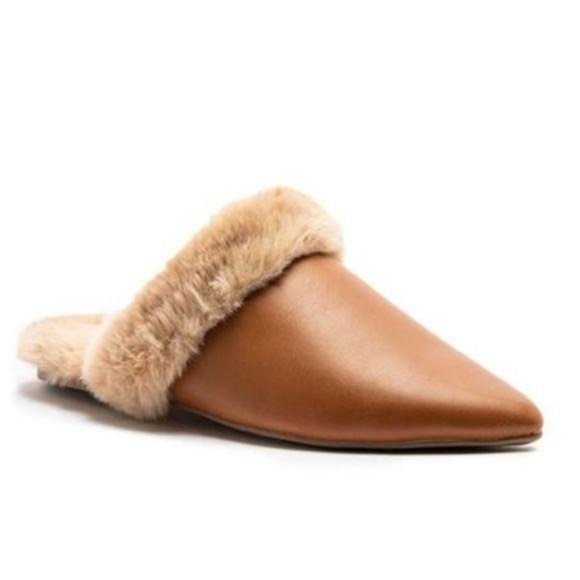 Faux Fur Lined Pointed Toe Mule in Tan - Picture 3 of 6